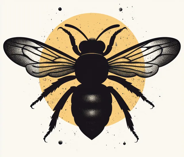 A black bee silhouette with spread wings sits centered on a muted yellow circle background.