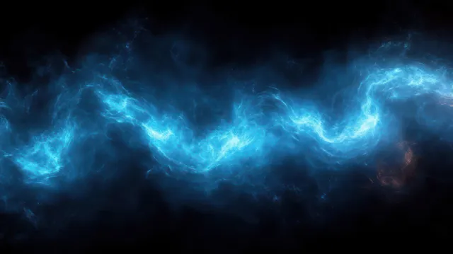 A glowing blue electric energy wave swirls across a dark cosmic space with bright plasma wisps.
