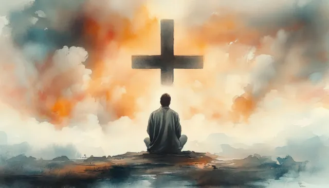 A kneeling man prays before a glowing cross under soft pastel clouds and light.