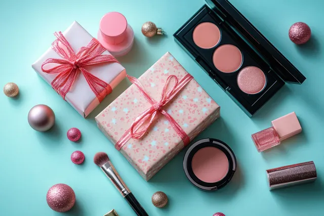 Pink makeup set and ribbon-wrapped gift boxes on light blue flat lay with shiny baubles