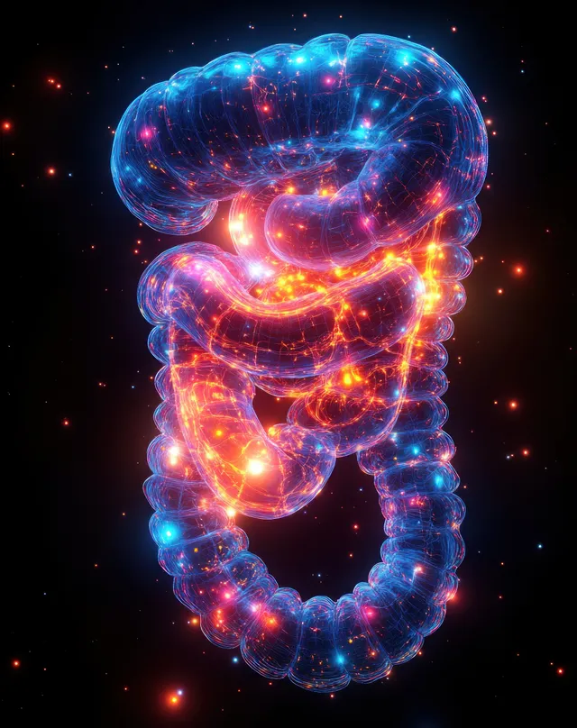 Glowing 3D digestive system anatomy with light particles showing esophagus, stomach, intestines, liver, and pancreas.