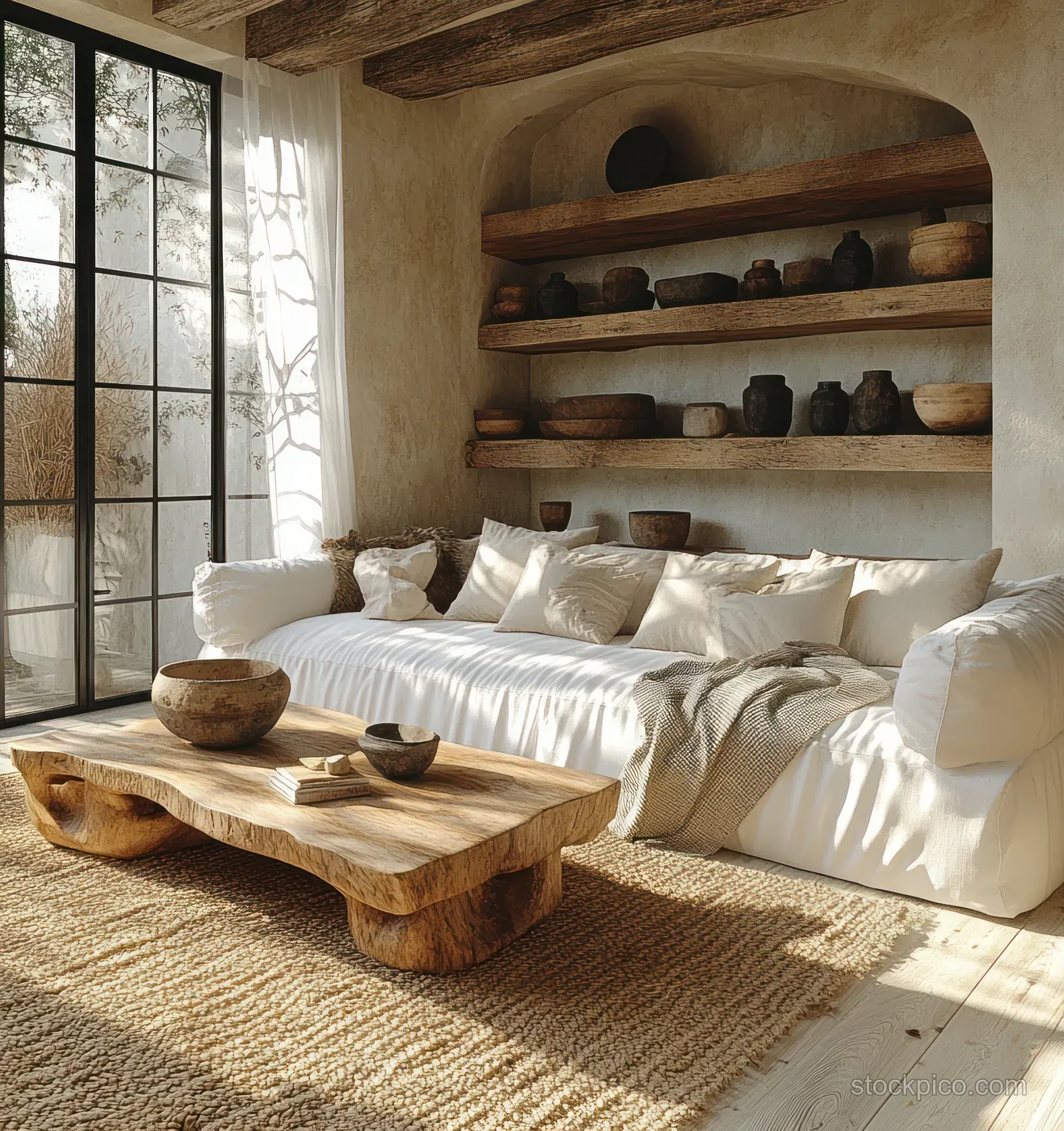 Sunlit minimalist living room with a white sofa, layered textiles, earthy pottery on a wooden table, and wall shelves.
