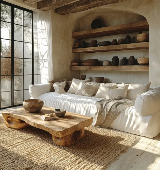 Sunlit minimalist living room with a white sofa, layered textiles, earthy pottery on a wooden table, and wall shelves.