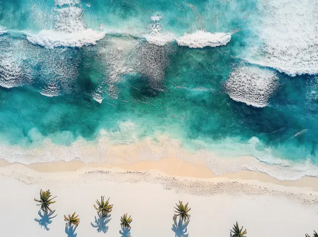 Aerial ocean waves crash near a sandy Miami shoreline with tropical plants