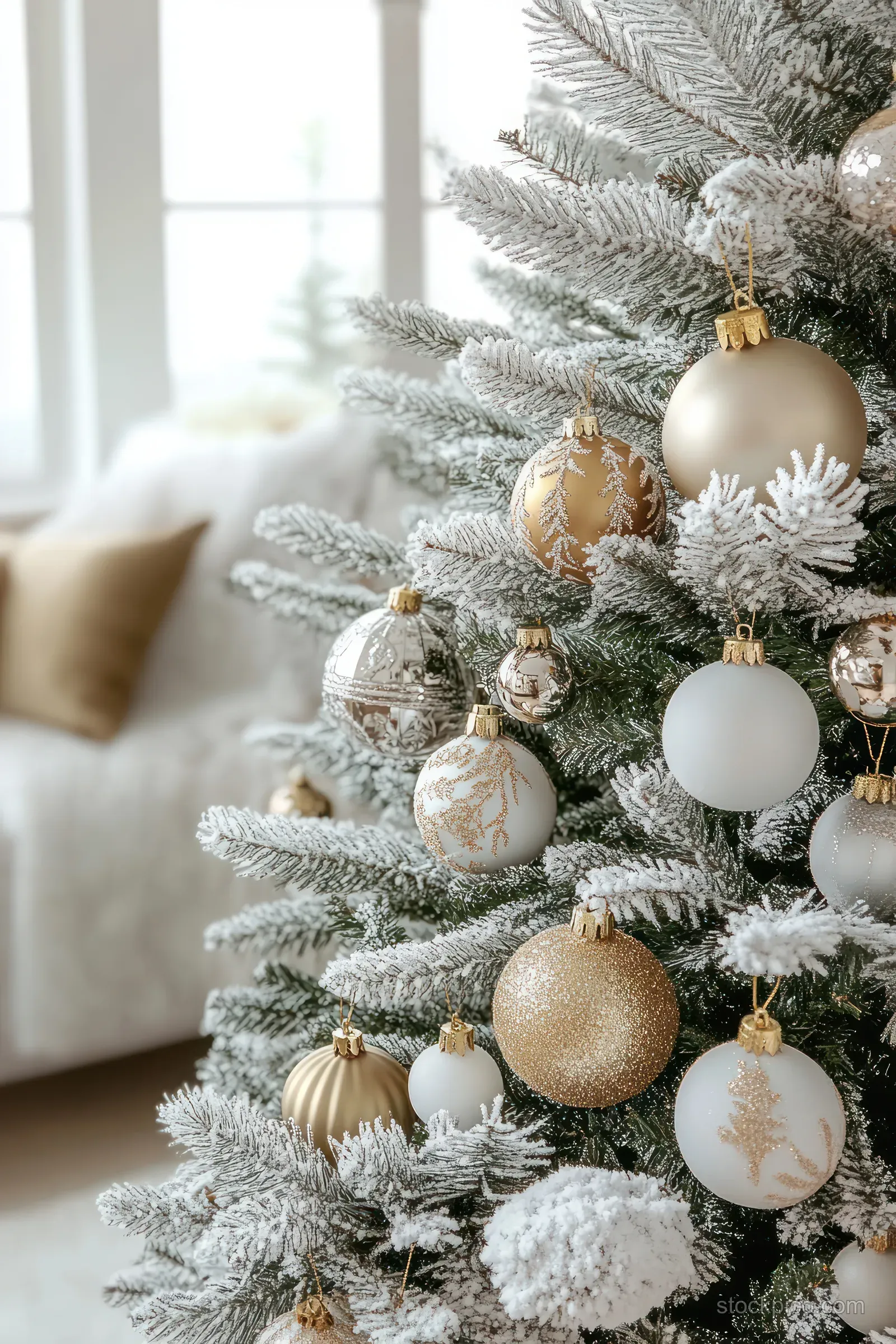 Frosted Christmas tree branches with gold and white ornaments next to a bright window.