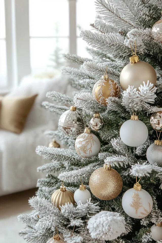 Frosted Christmas tree branches with gold and white ornaments next to a bright window.