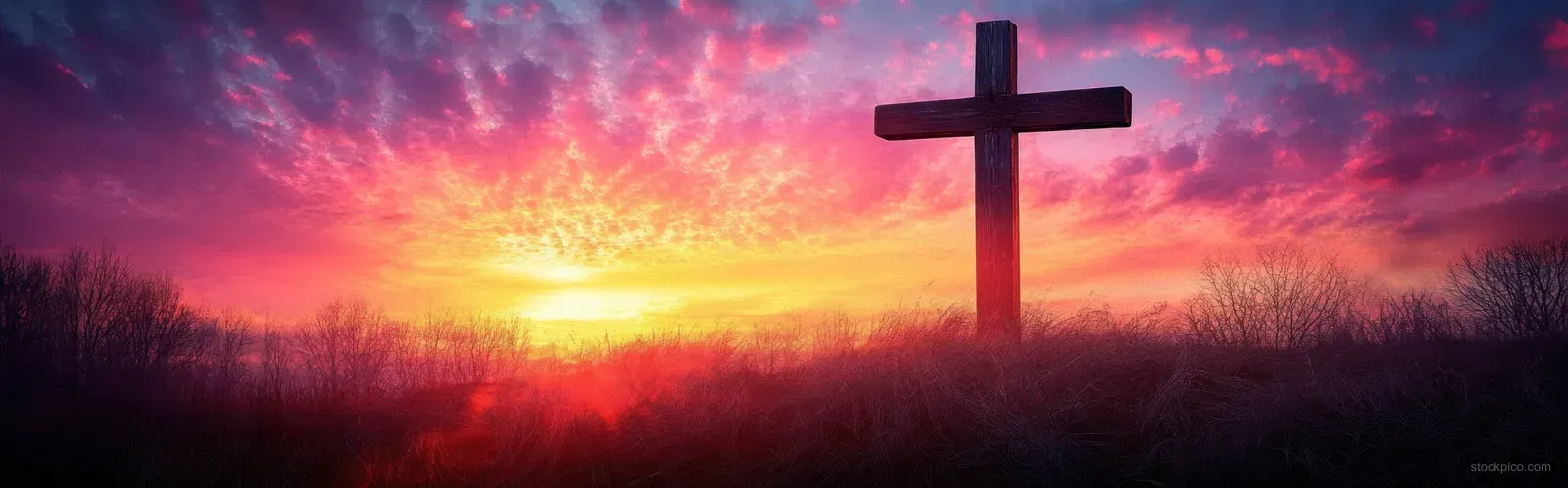 A wooden cross silhouette on a hill at sunrise with golden light and vibrant purple-pink clouds in the sky.