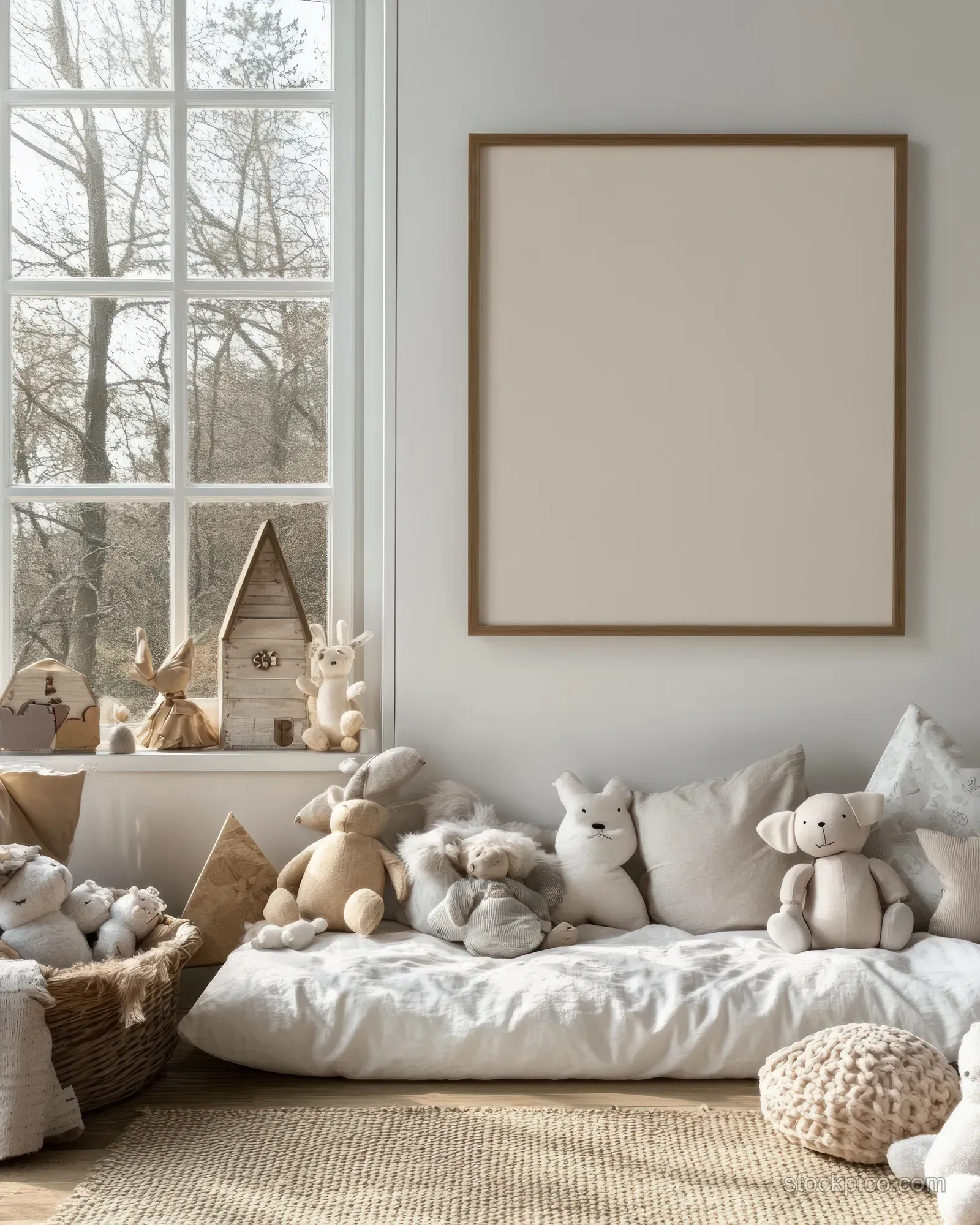 Stuffed animals rest on a white bed with pastel cushions in a bright Scandinavian children’s room by a window.