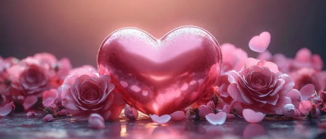 A shiny pink heart sits among pink roses and glowing petals under warm soft lighting.