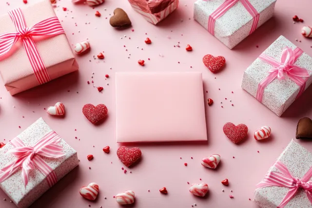Blank Valentine greeting card centered among wrapped gift boxes, red hearts, and candy-striped ribbon confetti on pink background.