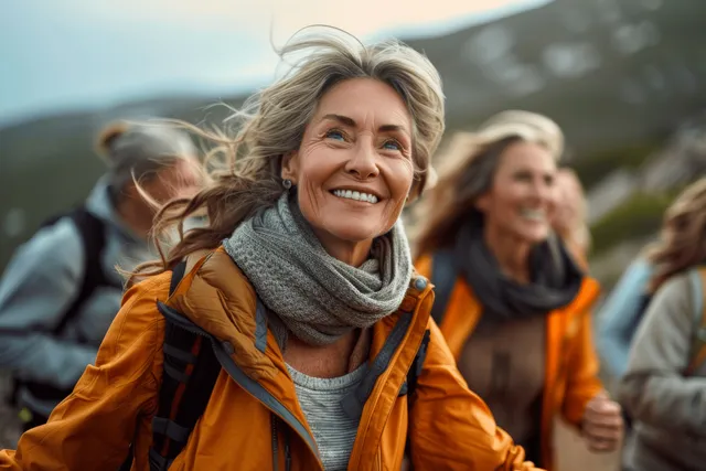 An older woman smiles while walking with a group of seniors outdoors, wearing a scarf and backpack.