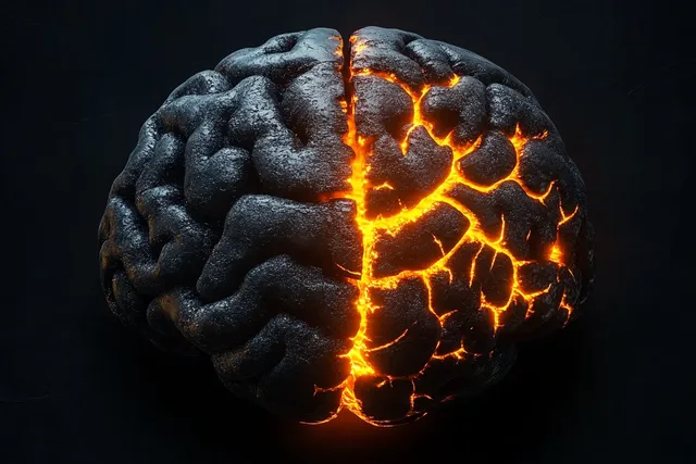 Dark volcanic brain rock with glowing orange lava cracks split down center against black backdrop