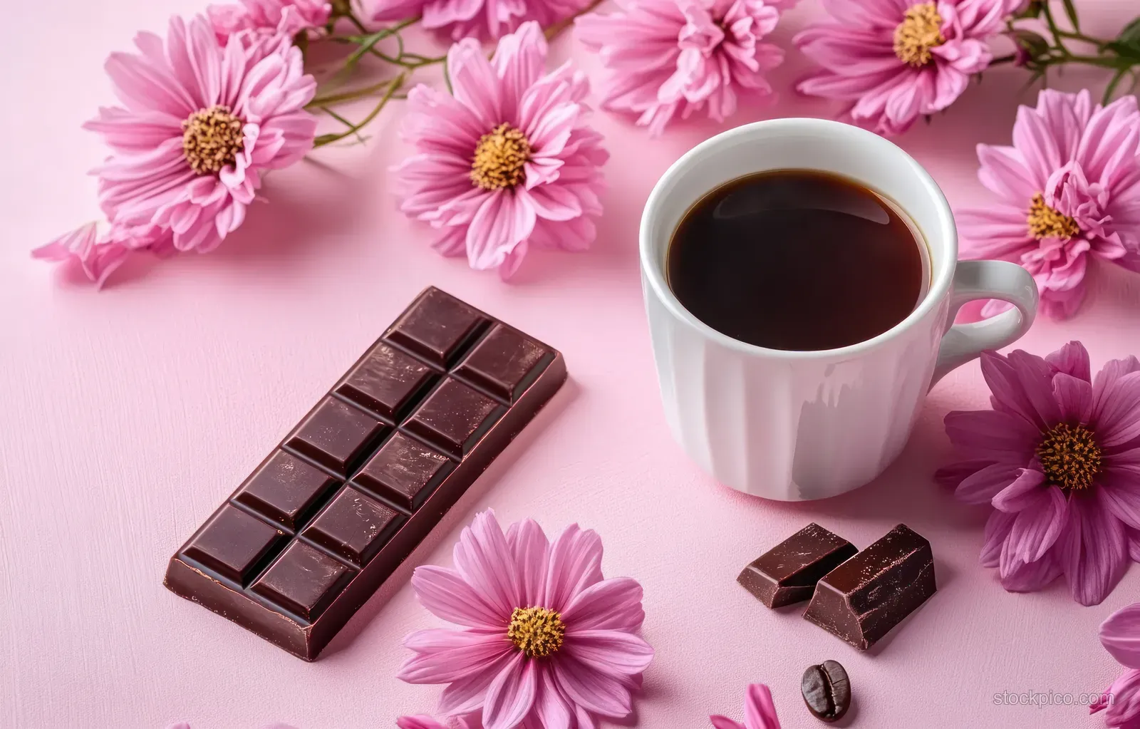 White cup of black coffee surrounded by dark chocolate squares and scattered pink flowers on a pink textured surface.