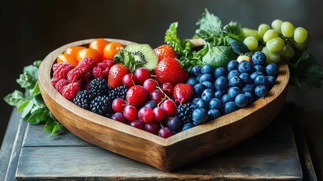 Heart-shaped wooden bowl filled with mixed berries and grapes with green leaves on a rustic wooden table.