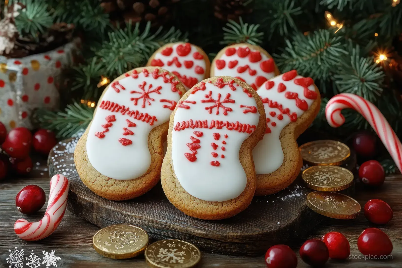 Mitten-shaped Christmas cookies with red and white icing arranged on a wooden board beside pine branches, candy canes, berries, and gold coins.