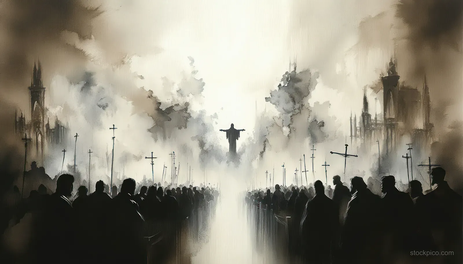 Watercolor silhouettes of a crowd facing rows of crosses amid smoky church towers and a bright central glow.
