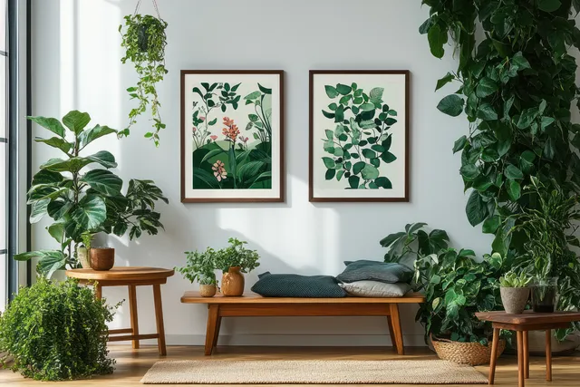 Sunlit minimalist living room with many potted plants, framed leaf prints, and a wooden bench against white walls.