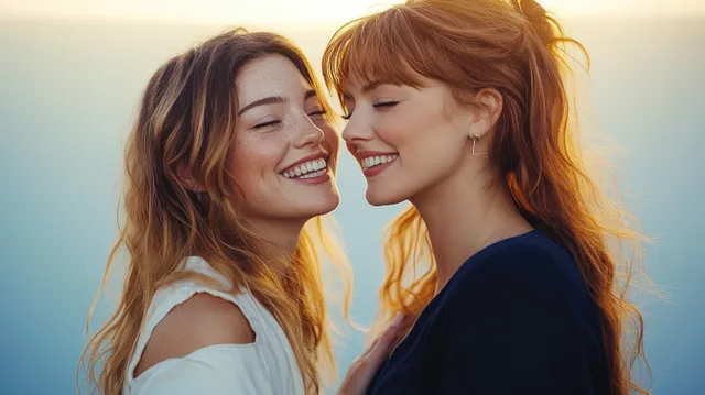 Two young women laughing together in a bright studio with pastel light background