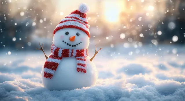 A smiling snowman with a red striped scarf and hat stands in snowy ground as soft snowflakes fall.