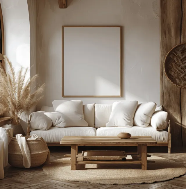 A blank wooden picture frame hangs above a white sofa in a bohemian living room with pampas and woven decor.