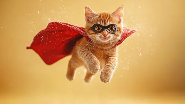Orange kitten superhero jumps wearing a black mask and red cape against a warm yellow backdrop