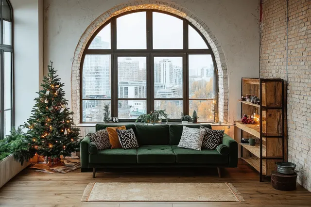 Cozy living room with arched window, green sofa, patterned pillows, small Christmas tree, and a lit fireplace.