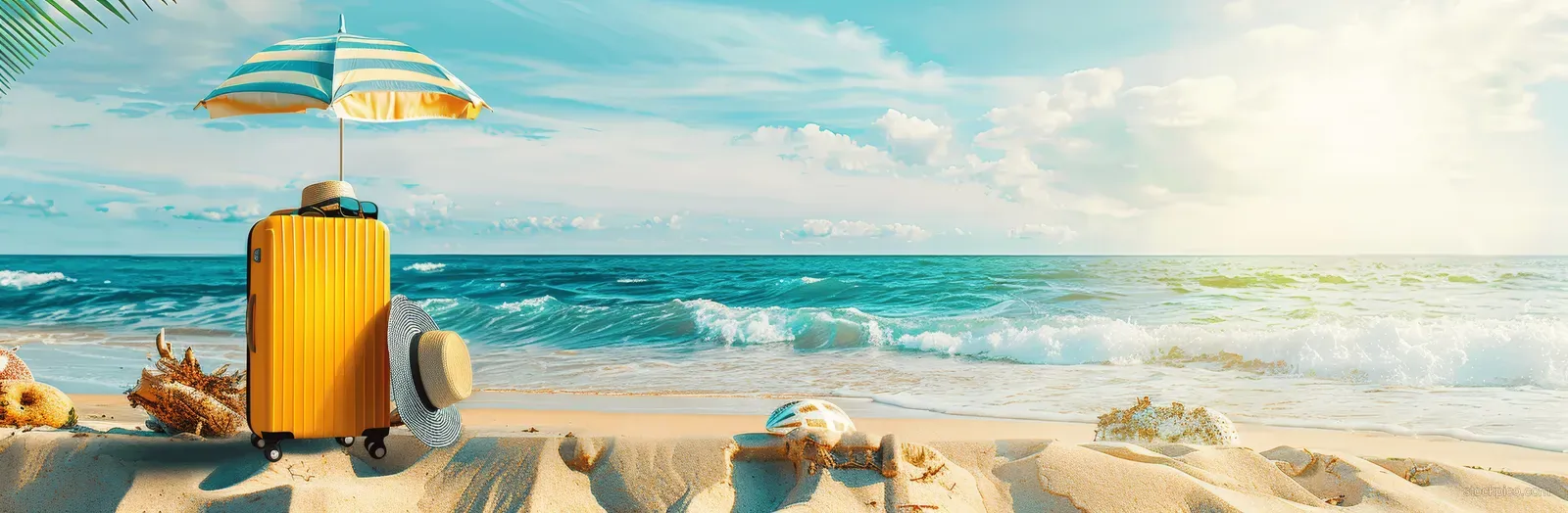 Yellow suitcase and beach accessories on sand under a striped umbrella with turquoise ocean in the background.