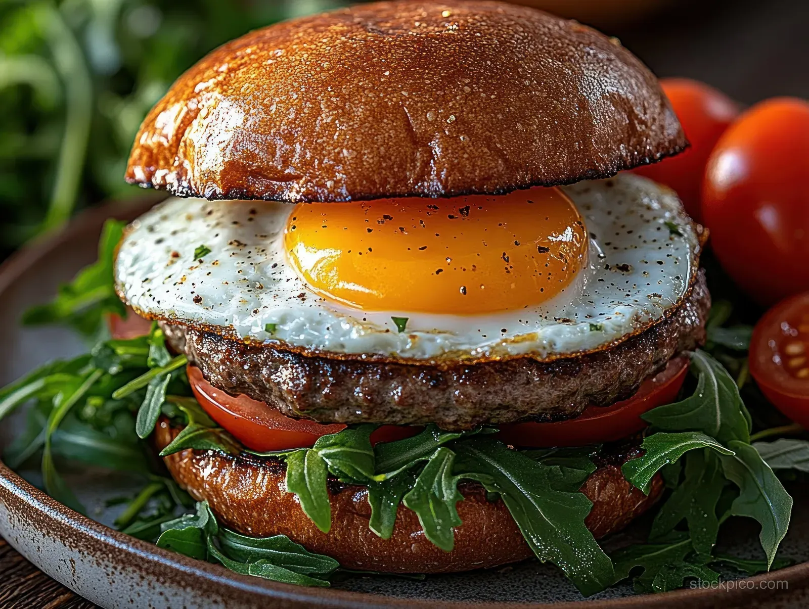 Close-up of a burger on a ceramic plate with arugula, tomato slices, and a sunny-side-up egg on a toasted bun.
