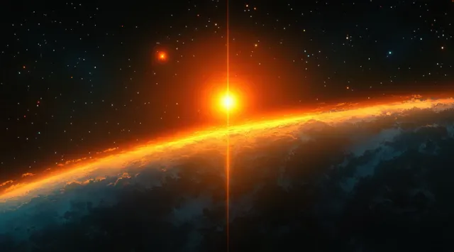 Sunrise light rays flare above a planet horizon within a starry cosmic background.