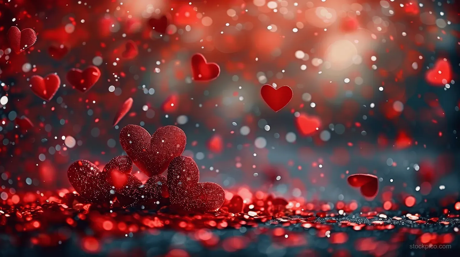 Red glitter hearts float above a rainy dark background with glowing bokeh lights and falling particles.