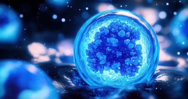A glowing blue micro sphere cell-like structure floats in darkness with scattered light particles around it.