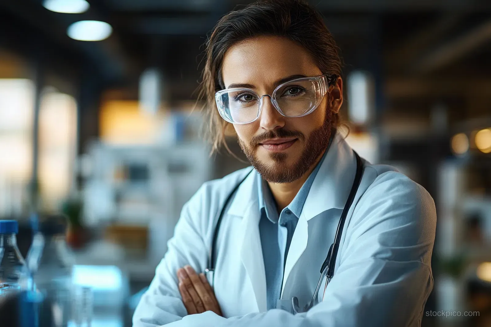 Young clinician in a lab coat consults while holding a tablet inside a softly blurred laboratory.