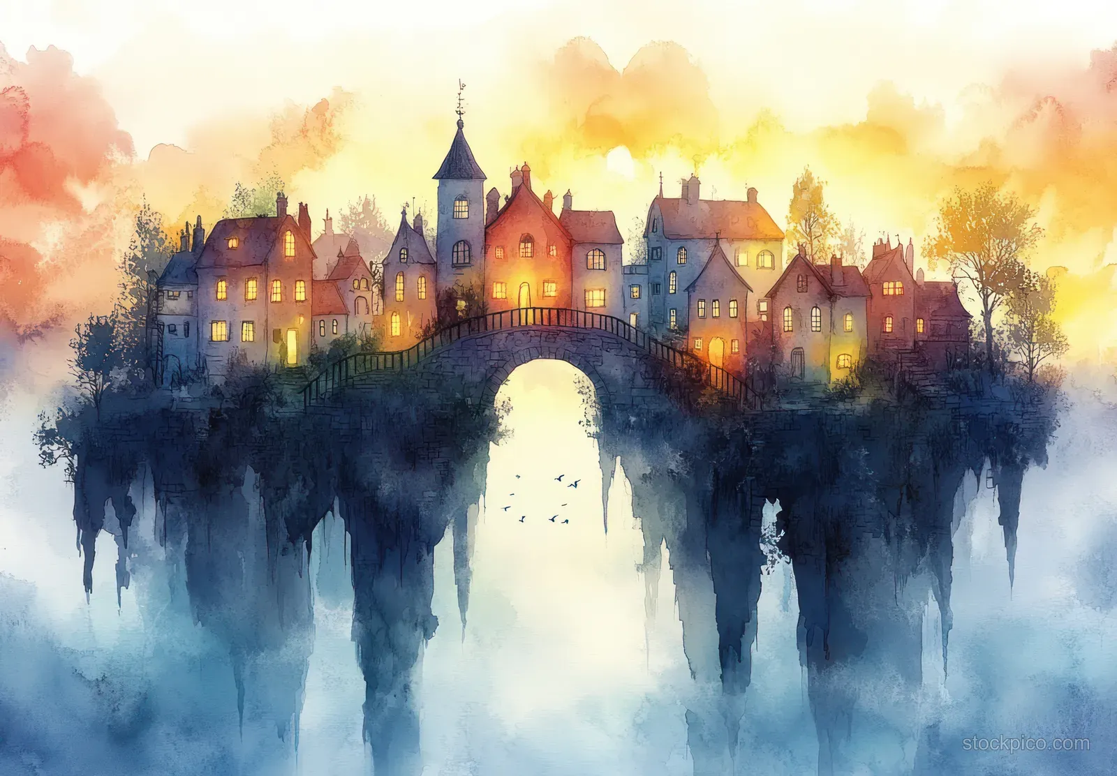 Watercolor illustration of a floating town on misty clouds with an arched bridge and warm glowing rooftops.