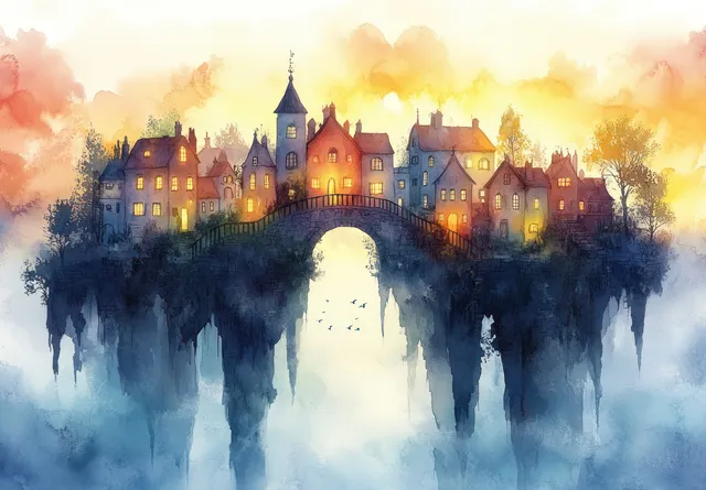 Watercolor illustration of a floating town on misty clouds with an arched bridge and warm glowing rooftops.