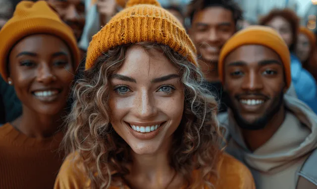 Friends taking a smartphone selfie outdoors in a multicultural city crowd, peace signs up