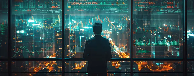 A suited businessman overlooks a night city skyline with a glowing stock market chart and green upward arrows.