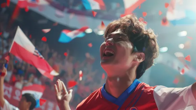 South Korean badminton player raises a racquet in front of a cheering crowd with confetti falling.