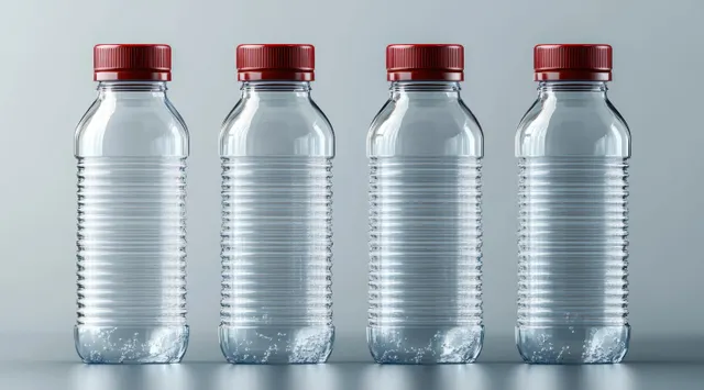Four transparent plastic bottles with red caps lined up on a reflective surface against a neutral background.