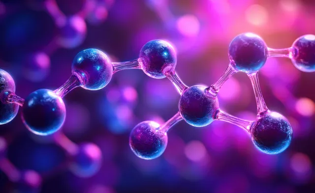 Glowing neon atom spheres connected by bonds float in a purple laboratory-like 3D visualization.