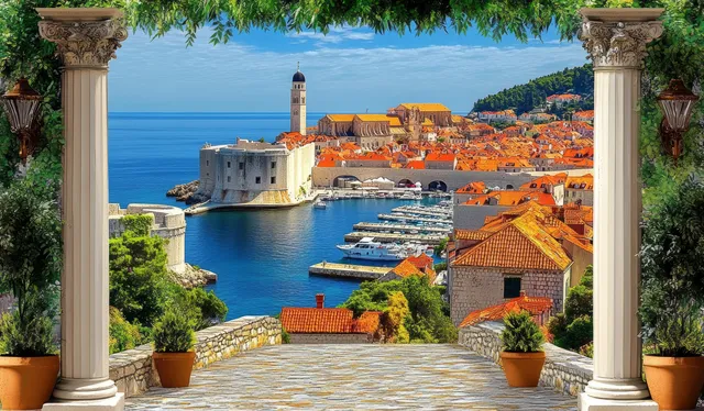 Dubrovnik harbor and orange rooftops are seen from a columned terrace overlooking the blue Adriatic Sea.