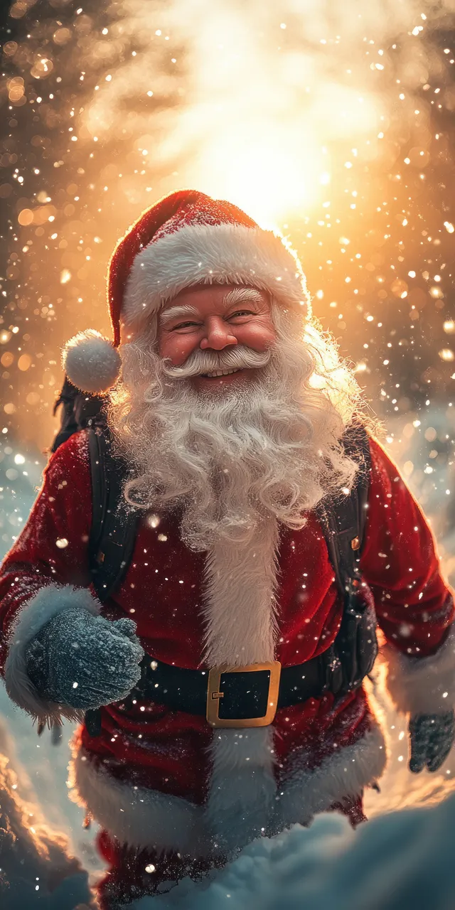 Santa Claus walking in snowy mountains at golden hour with warm sunlight and snowflakes drifting around.