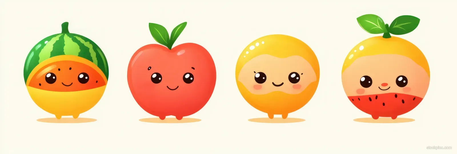 Smiling cartoon watermelon, apple, lemon, and orange fruit characters with green leaves on a cream background.
