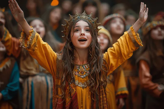 A child dressed as Mary in a yellow gown and crown performs onstage with raised arms during a Christmas play.