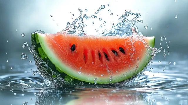 A watermelon slice splashes into clear water with droplets and sparkling reflections on the surface.