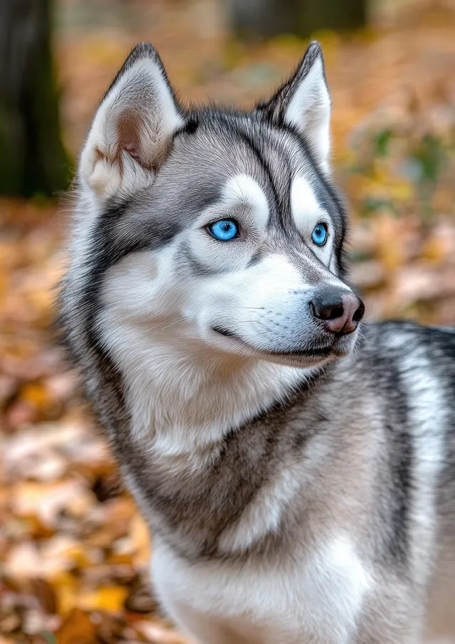 Close-up husky portrait with piercing blue eyes, autumn leaves blurred in background outdoors