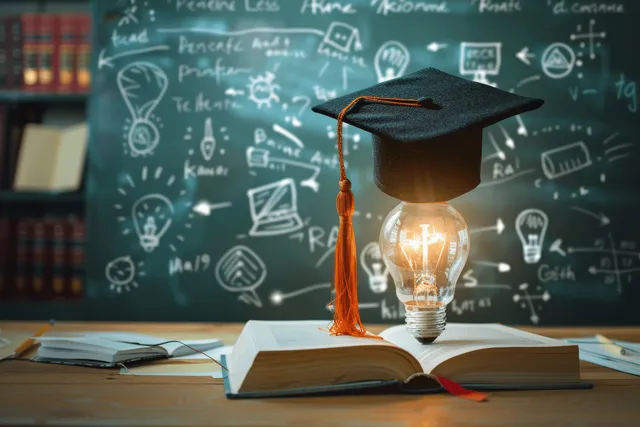 Graduation cap and glowing light bulb hover over an open book on a desk with a chalkboard of science icons behind.
