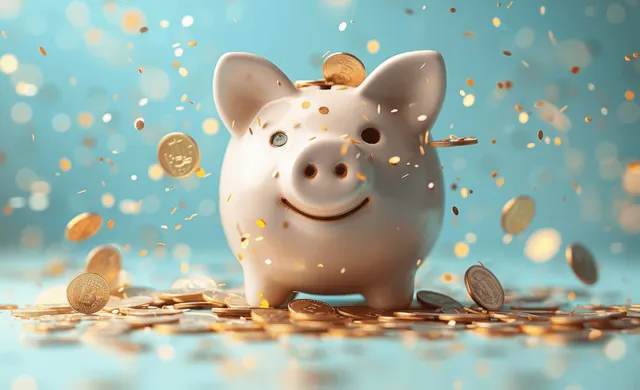 A white piggy bank is surrounded by falling coins on a light blue background.