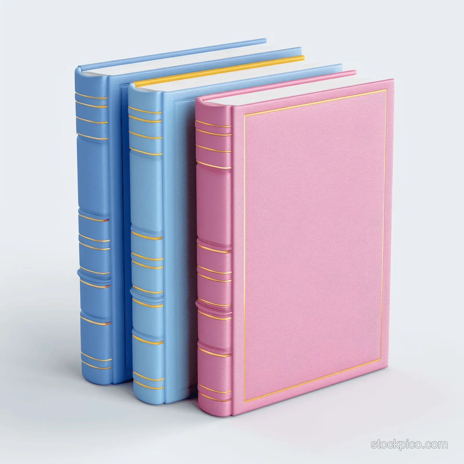 Three colorful 3D books stacked together on a white background with visible spines and covers.