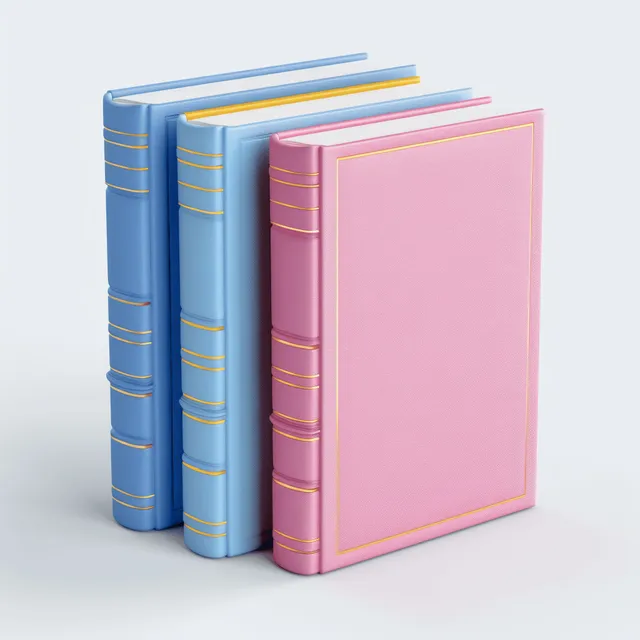 Three colorful 3D books stacked on a clean white background