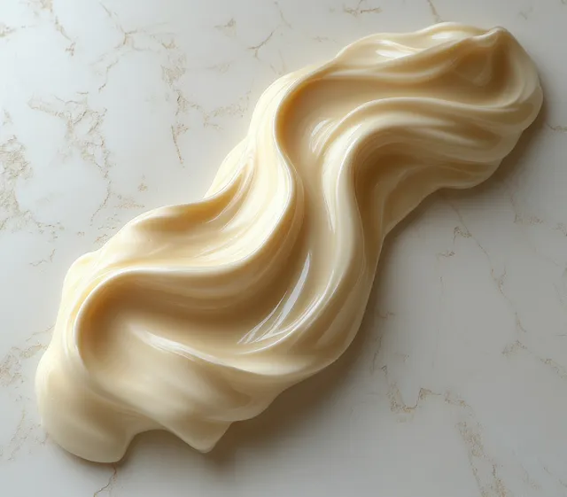 Creamy mayonnaise swirls in a glossy ribbon on a light marble background.